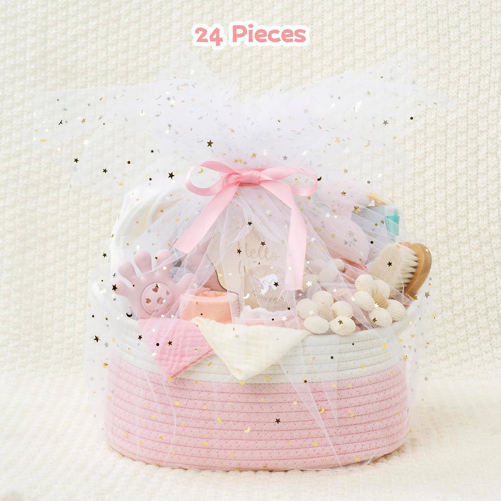 Baby Shower Gifts for Girls, 24 Piece Deluxe Baby Shower Gift Basket - Baby Girl Gift Basket with Swaddle, Rattle