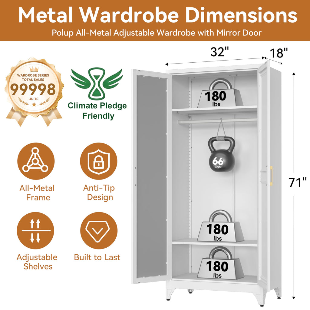 Metal Armoire Wardrobe Closet with Mirror, 71" Tall White Cabinet