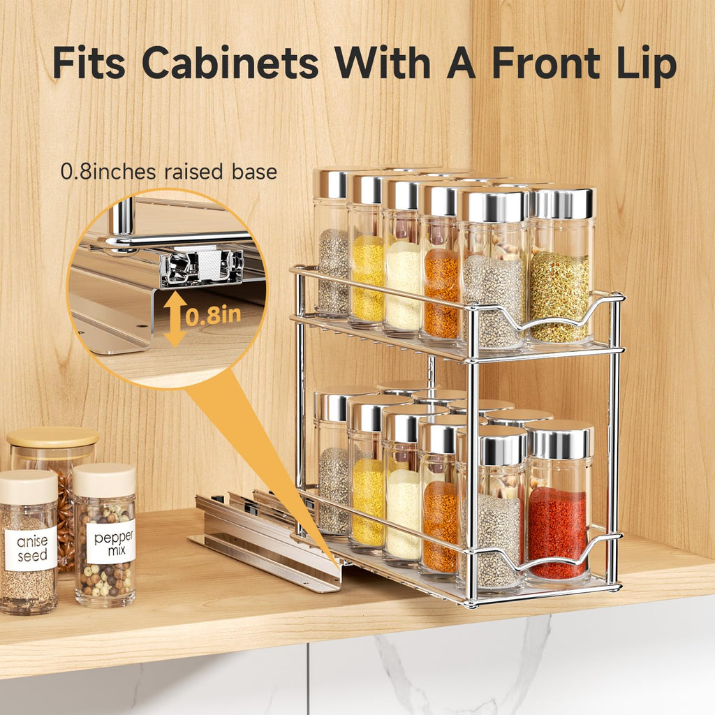 Pull Out Spice Rack for Inside Cabinet, 2 Tier Chrome Spice Organization for Cabinet, Vertical Sliding Out Spice Rack