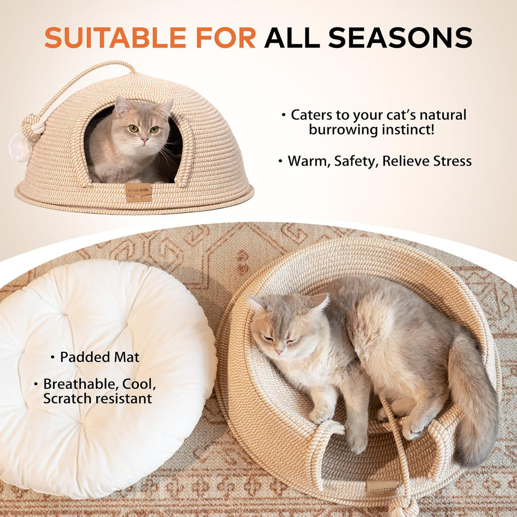 Cat Cave Bed with Washable Cushion and Ball, Handwoven Cotton Rope Cat Basket Bed for Indoor Cats Bed Covered, 3-in-1