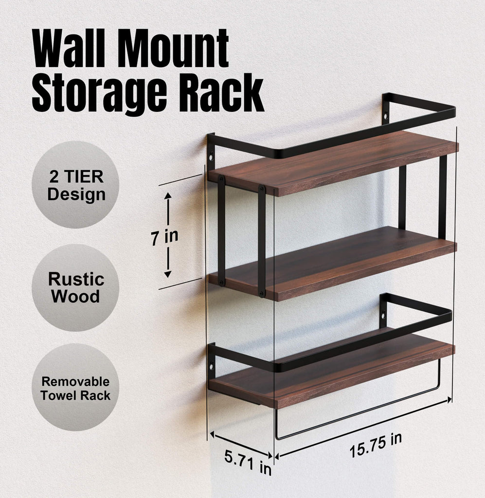 2+1 Tier Wall Mounted Floating Shelves Set of 2, Rustic Wood Shelf with Metal Frame, Extra Storage Rack with Tissue