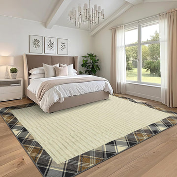 Extra-Large Machine Washable Area Rugs 10x13 Modern Plaid Bordered Living Room Rug with Anti-Skid Rubber Backing
