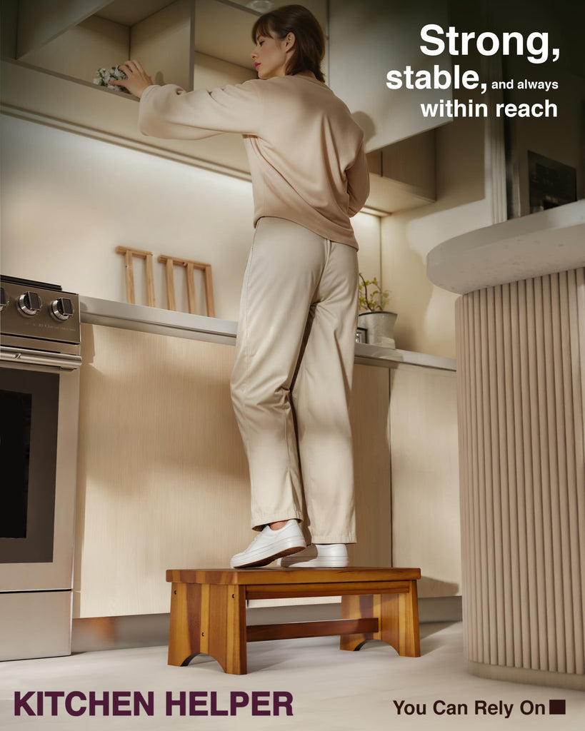Extra Wide 26in Wooden Step Stool, Heavy Duty, Holds Up to 375 lbs