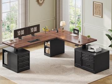 Farmhouse L Shaped Electric Standing Desk with File Cabinet, 77 x 55'' Height Adjustable Home Office Computer Desk
