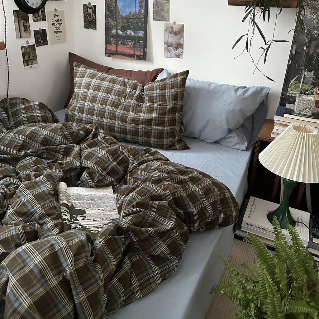 Vintage Buffalo Plaid Duvet Cover Set - 3 Piece Washed Cotton Bedding Set with Grid Pattern, Soft &