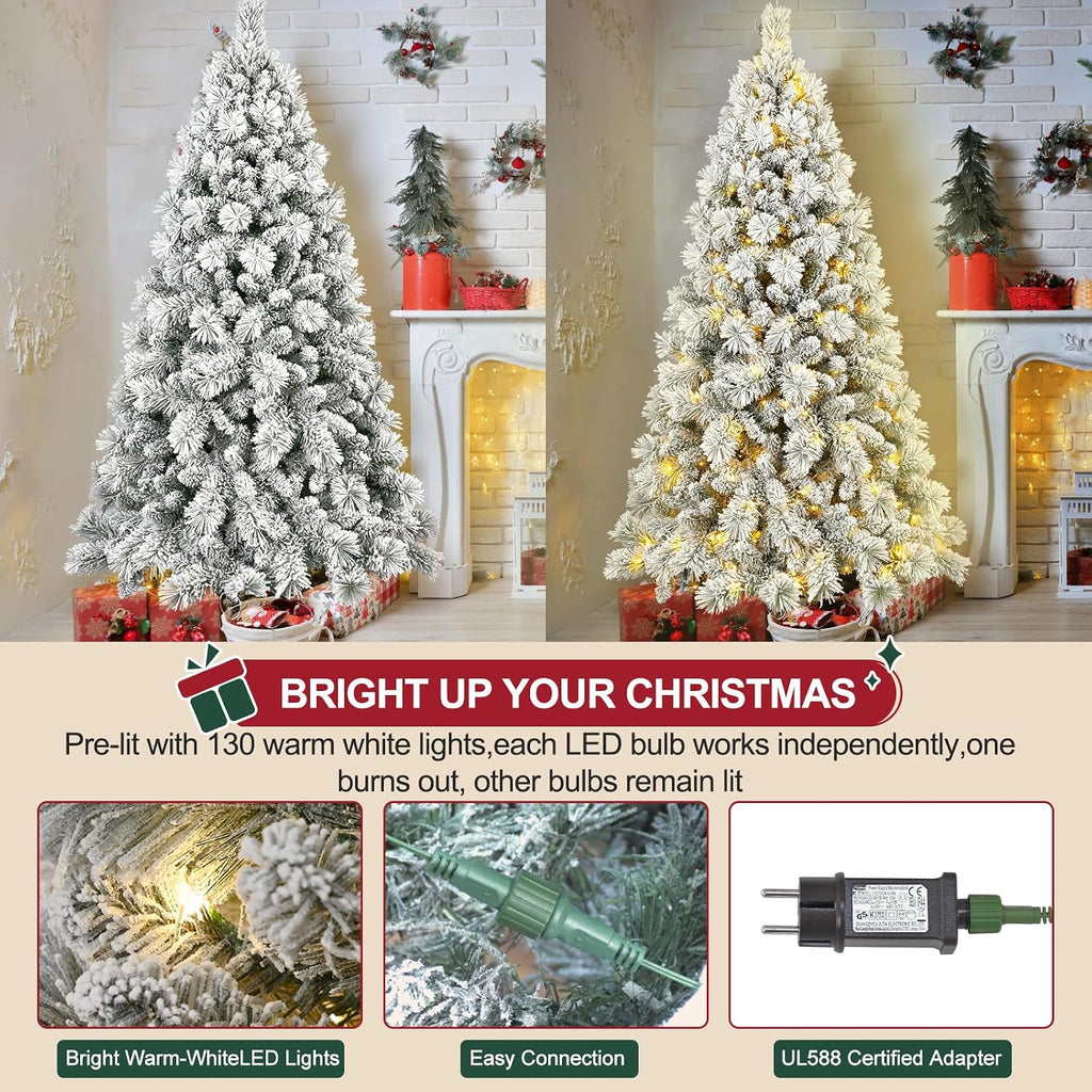 Flocked Christmas Tree , Premium Prelit Christmas Tree - Trees with Lights-White Snow Flocked Pre-lit Trees