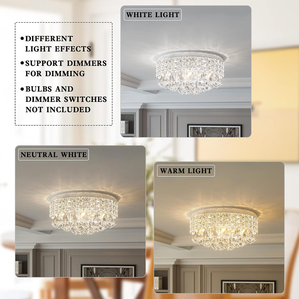 4 Lights Crystal Chandelier, Modern Drum Ceiling Light Fixture Lamp, Raindrop Flush Mount Round Metal Shade, for