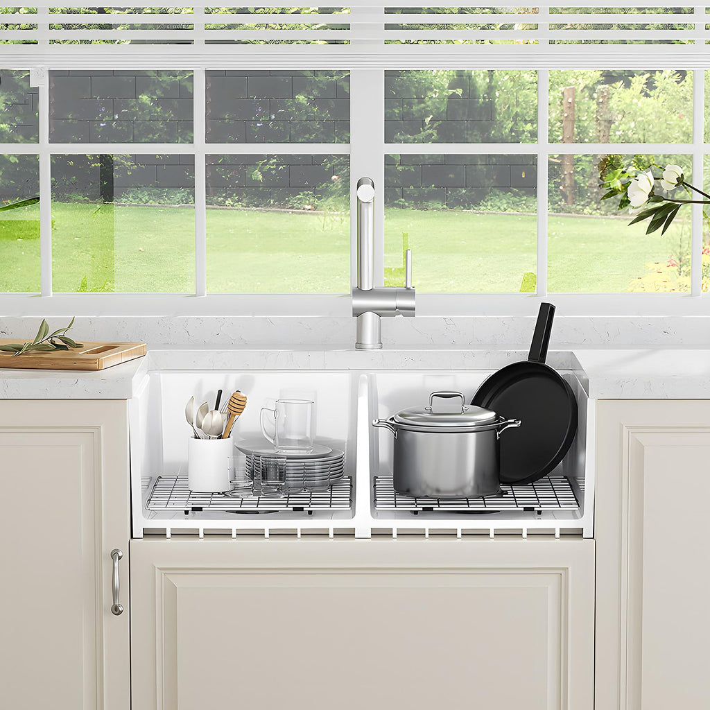 Farmhouse Kitchen Sink, 33-inch Double Bowl Sink with Bottom Grid and Strainer, Large Apron-front Ceramic Porcelain