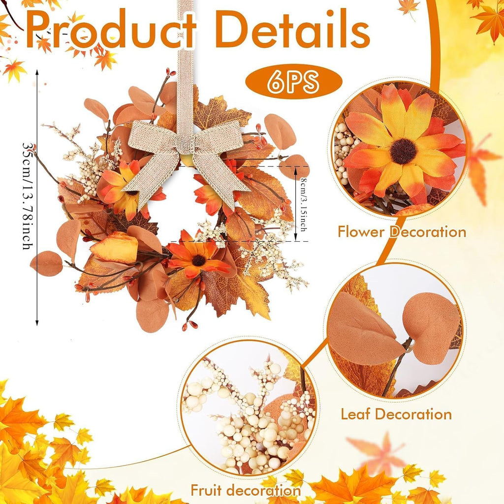 Fall Mini Wreath Set, Artificial Autumn Small Wreaths with Burlap Bow Sunflower Maple Leaf Eucalyptus - Set of 6