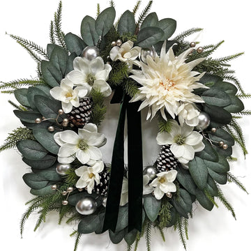 24 inch White Magnolia Winter Wreath, Green Ribbon & Silver Ornaments