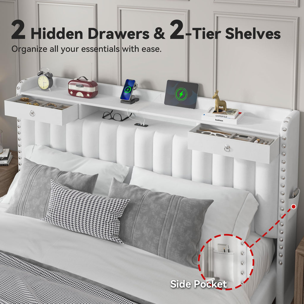 Full Size Bed Frame with 2-Tier Storage Headboard, 4 Drawer, Velvet