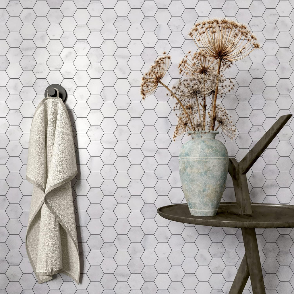 Carrara White Marble Mosaic, Polished Natural Italian Bianco Marble Tile for Shower Kitchen Wall Bathroom Floor, 2