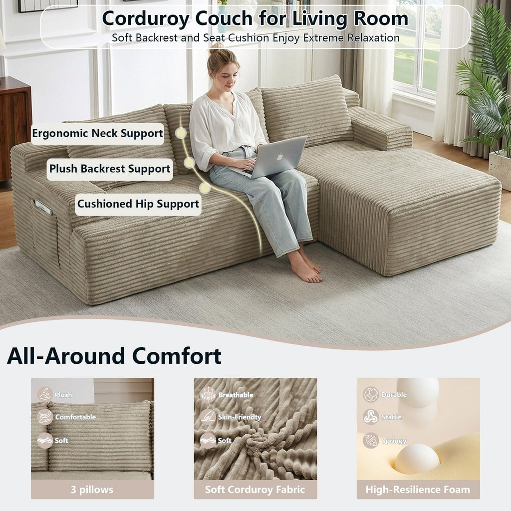 96" Cloud Sectional Couch with L-Shape Chaise, Modular Comfy Sofa Chaise Longue, Upholstered Corduroy Couches Sleeper
