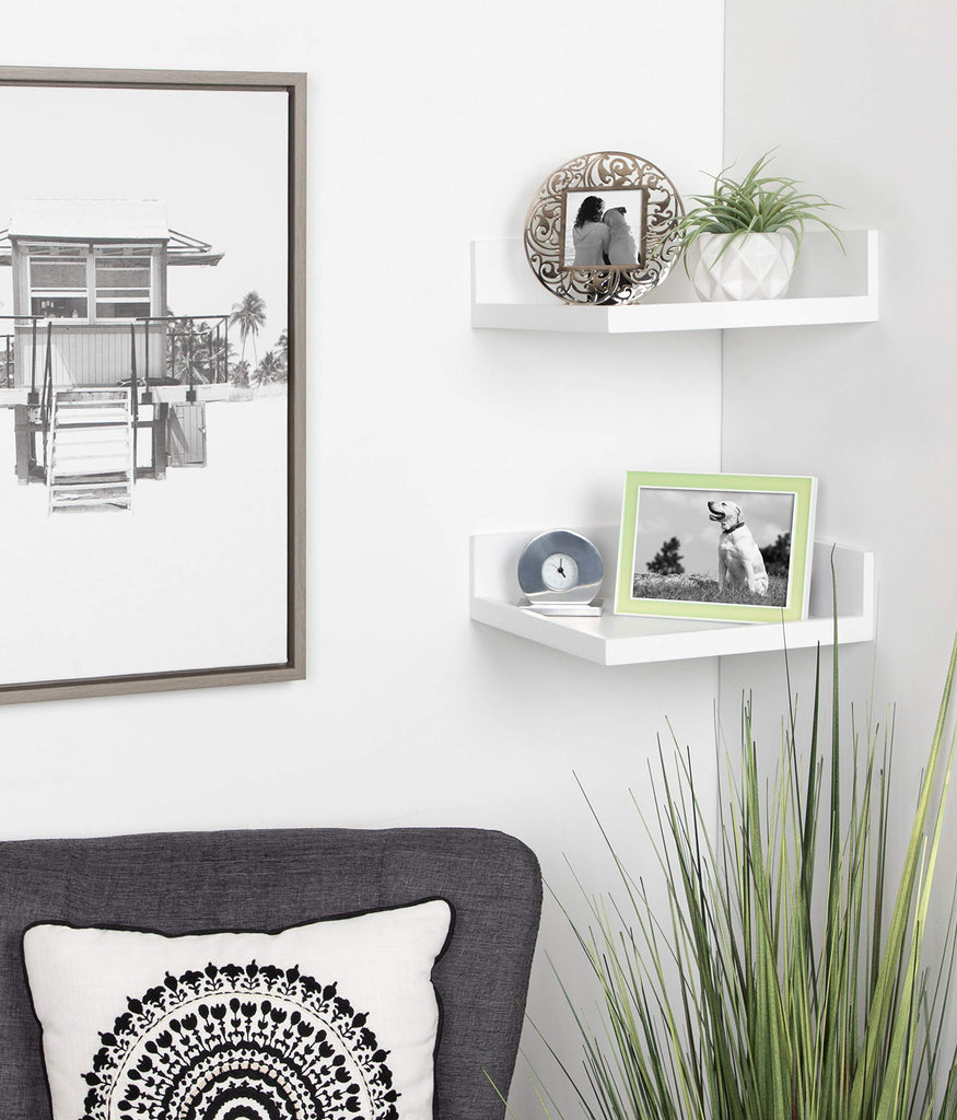 Levie Modern Floating Corner Wood Wall Shelves, 12 x 12 Inches, 2 Pack, White