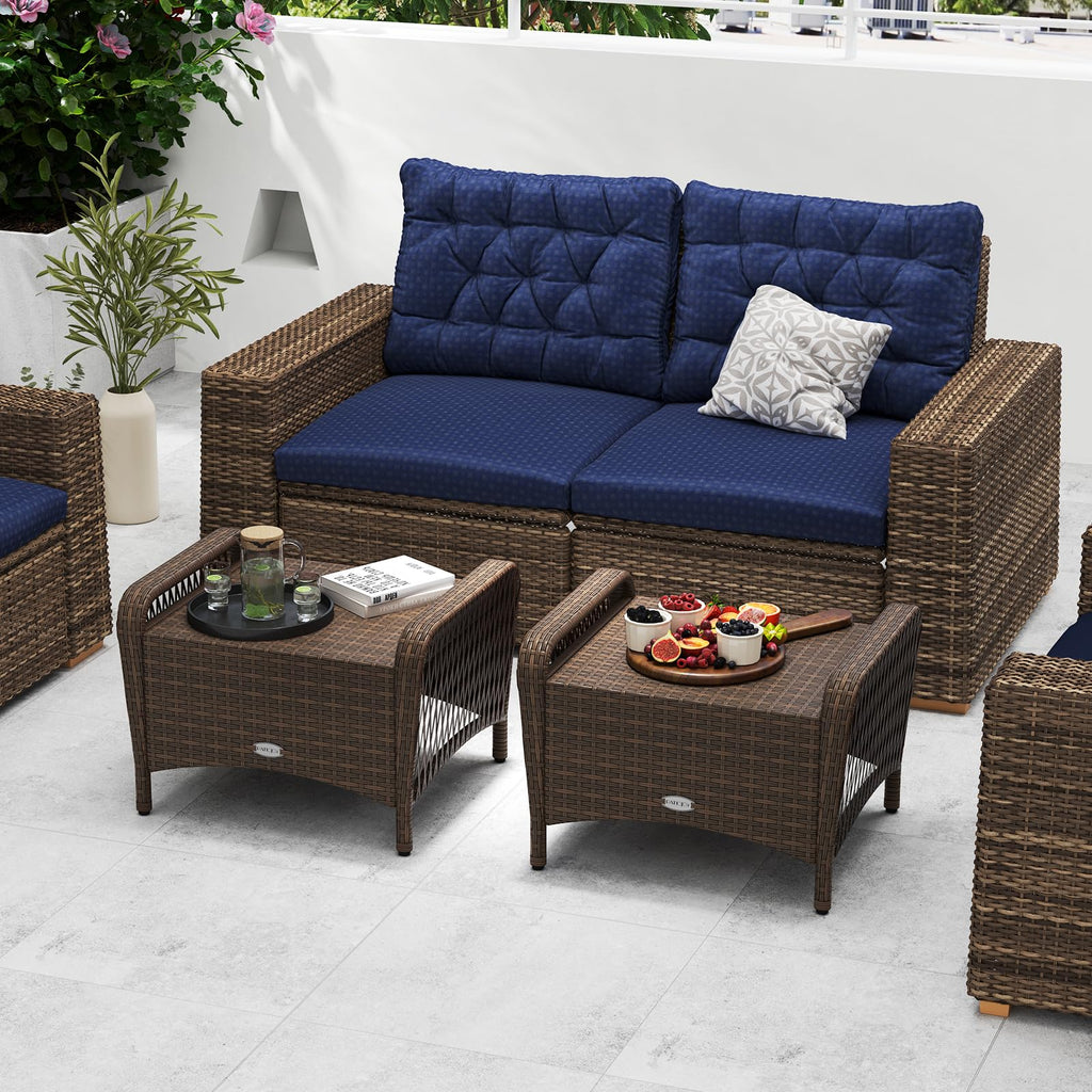 2 Pieces Wicker Outdoor Ottoman with Removable Cushions