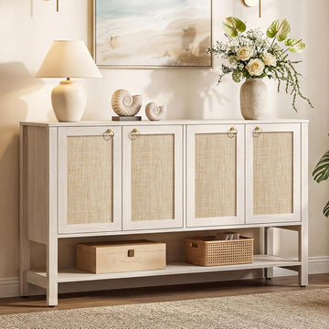 Sideboard Buffet Cabinet with Rattan Doors, 55" Boho Coffee Bar Cabinet with Open Shelf