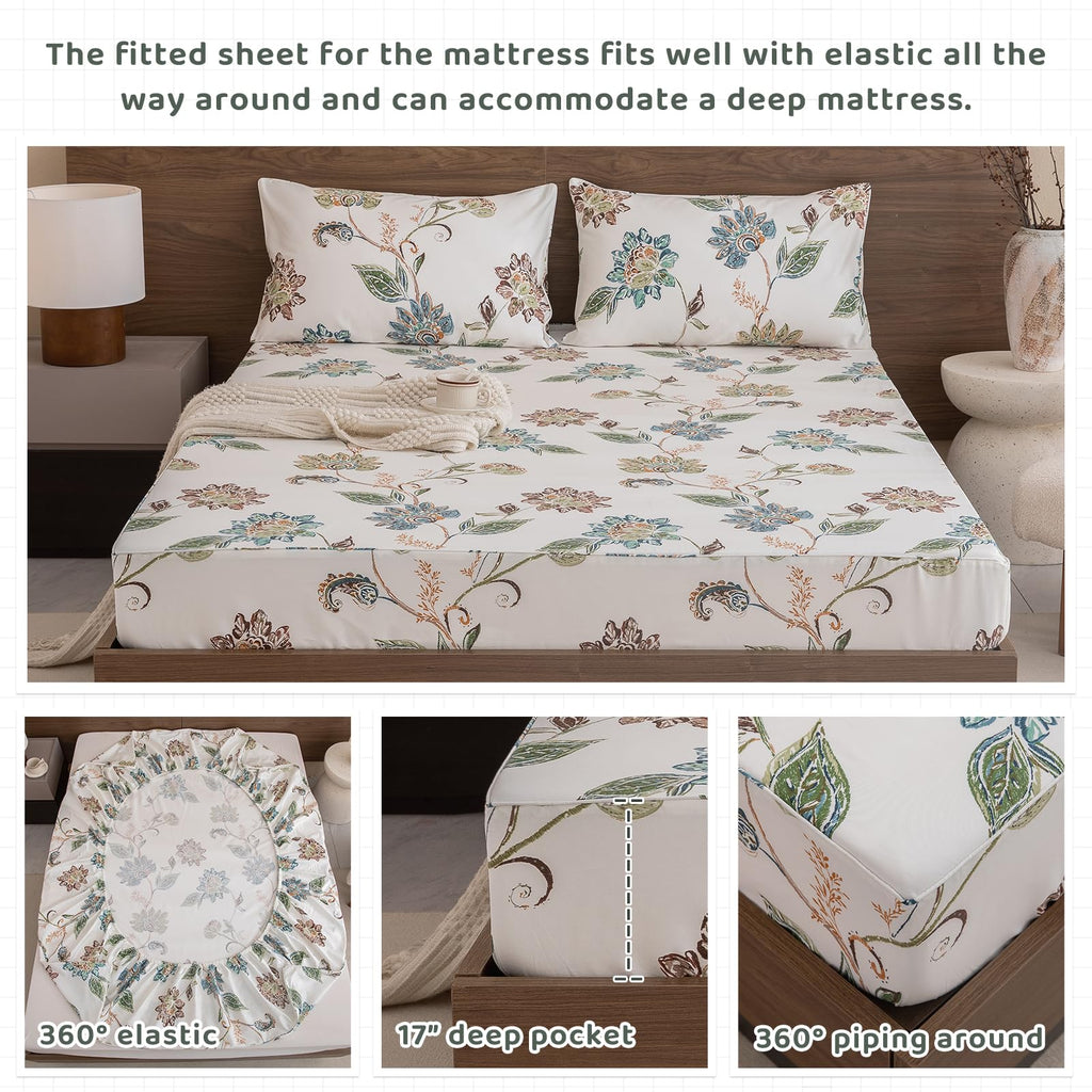 Floral Bed Sheets Queen Size - 100% Egyptian Cotton Sheets Elegant Botanical Leaves Flower Pattern Printed Bedding