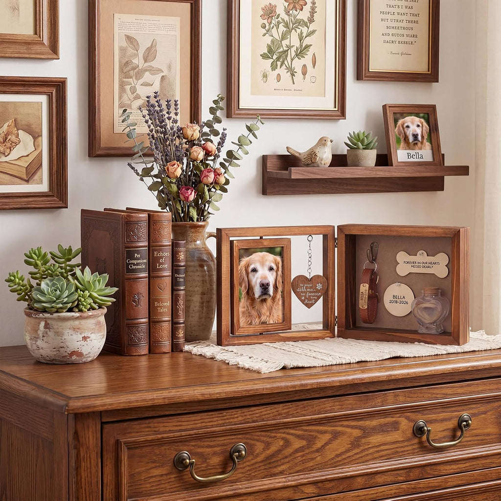 Pet Memorial Shadow Box Wooden Rotating Frame for Loss of Pet, Retro Color