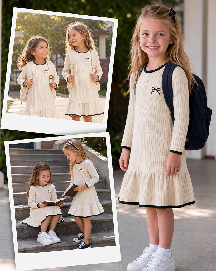 Cable Knit Sweater Dress, Long Sleeve Ruffle Hem, Fall Winter