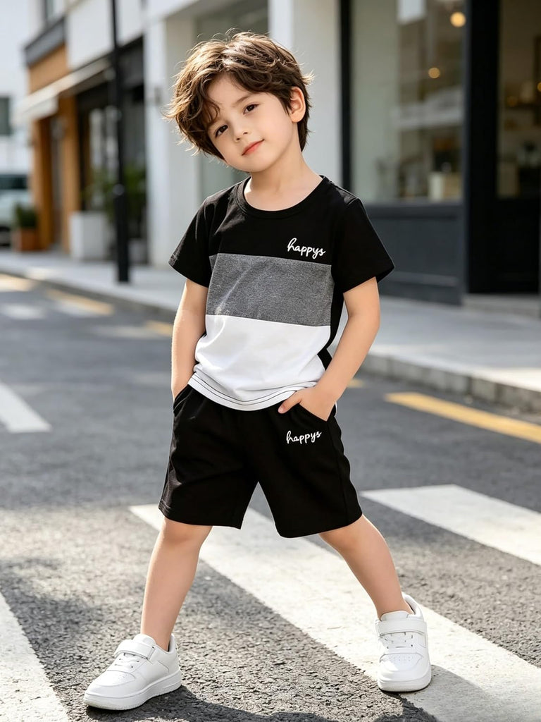 Toddler Kid Boy Clothes Colorblock Letter Graphic Tee Shorts 2PC Summer Outfit Set