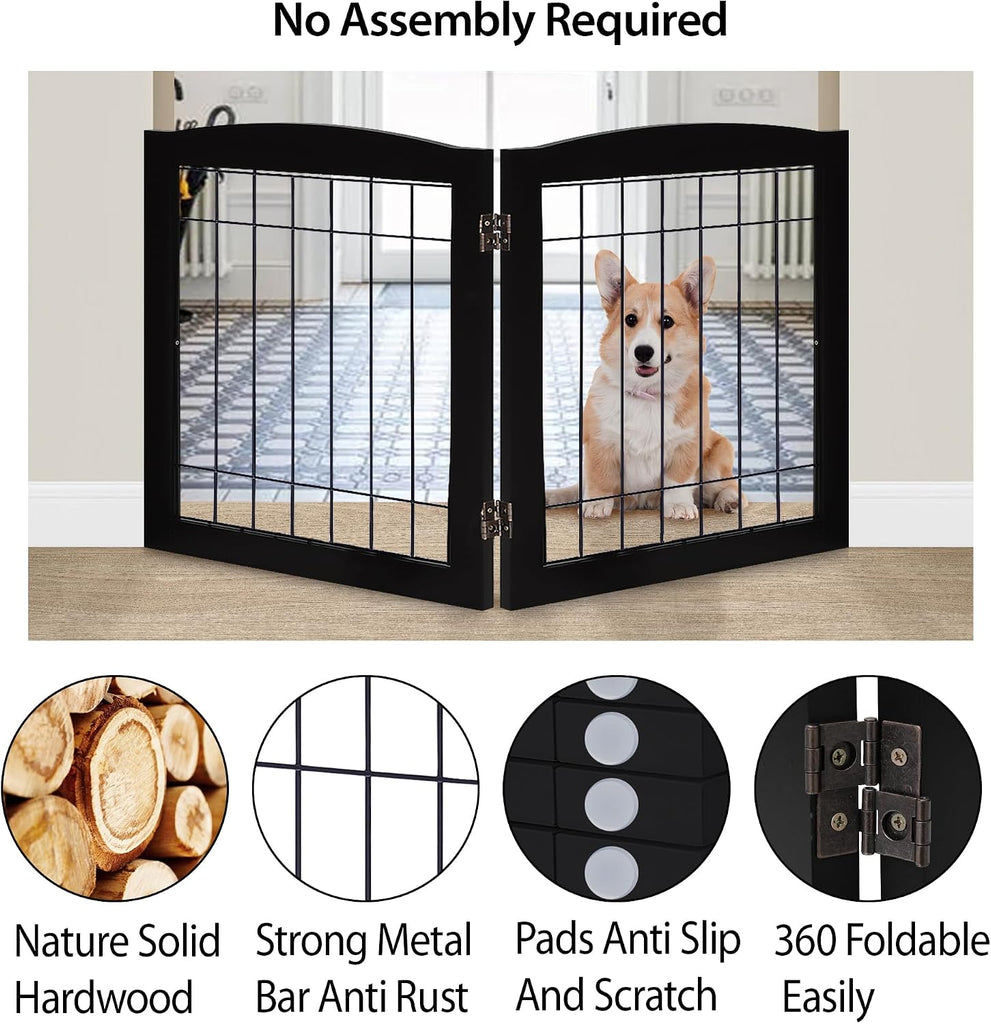 2-Panel Freestanding Foldable Wood Dog Gate - Solid Wood & Steel Wire, Chew-Resistant Pet Barrier for Indoor Use