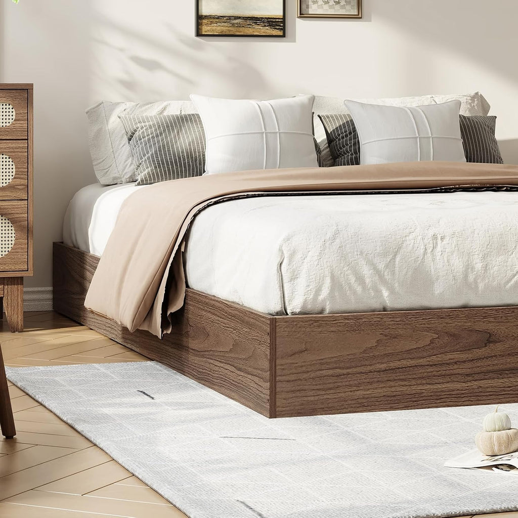 Modern Minimalist Solid Wood Floor Platform Bed Frame with Sturdy Wooden Slats, Noise-Free Support, No Box Spring