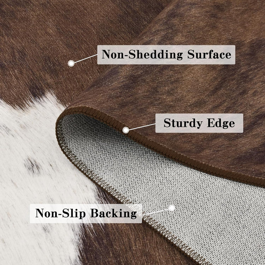 Cow Print Rug - Brown Faux Cowhide Rugs, Washable Soft Non-Slip Stain Resistant Animal Cow Hide Carpet Bedroom