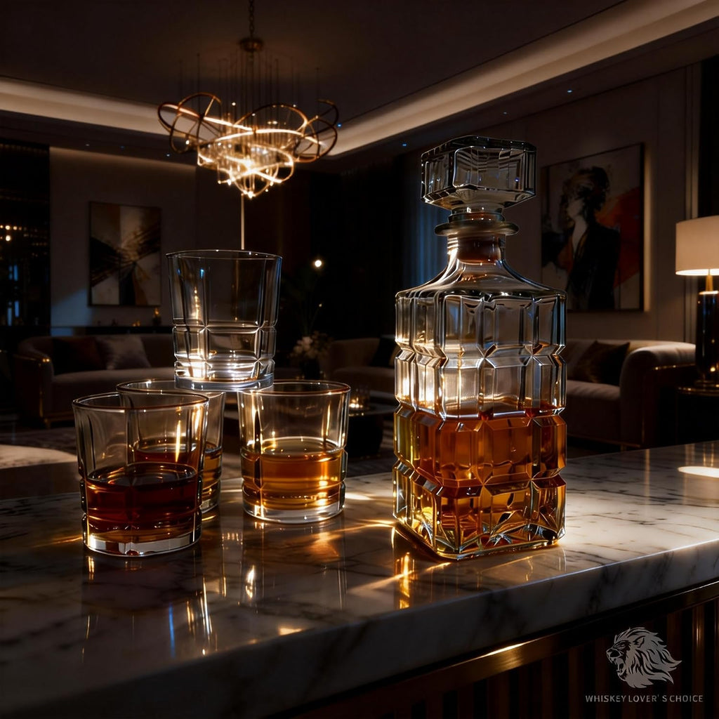 32oz Whiskey Decanter Set with 4 Crystal Glasses - Large Geometric Design, Airtight Silicone Seal, Lead-Free - Set of 7