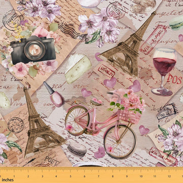 Bicycle Retro Paris City Landmark Outdoor Fabric by The Yard, Retro Newspaper Fabric for Craft Lover, Bicycle Retro