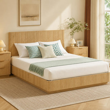 Queen Size Floor Platform Bed Frame with 44.5"h Fluted Headboard, Oak