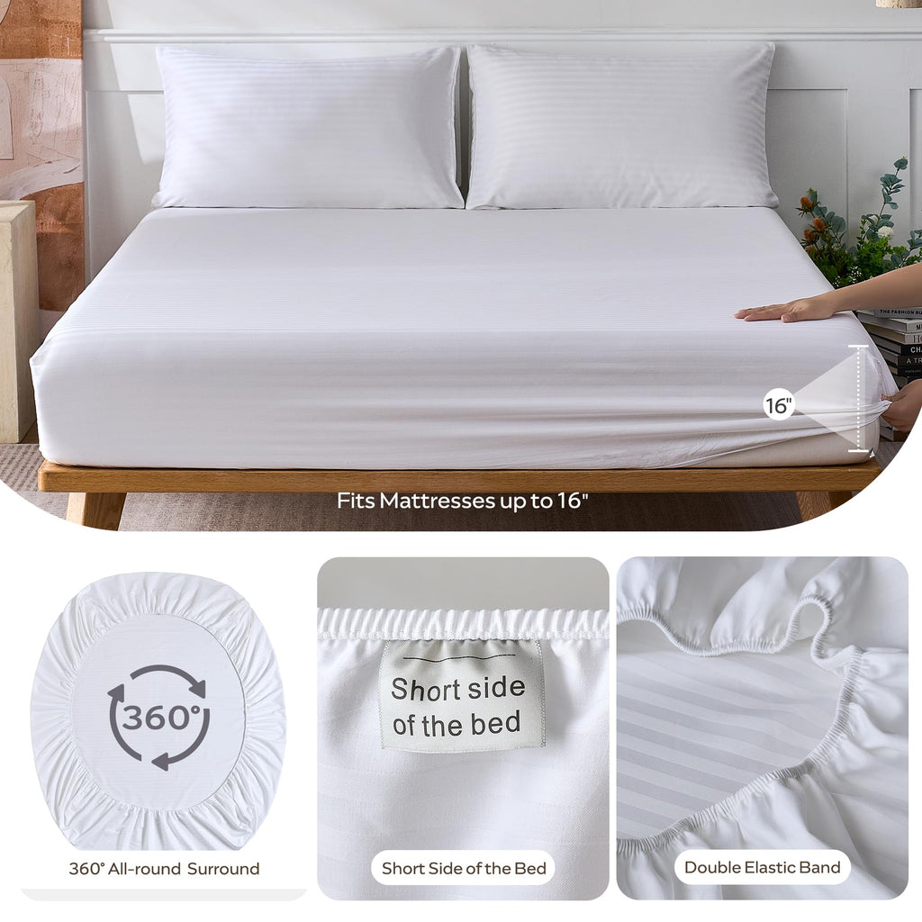 100% Cotton Sheet Set, White Sateen Striped, Queen