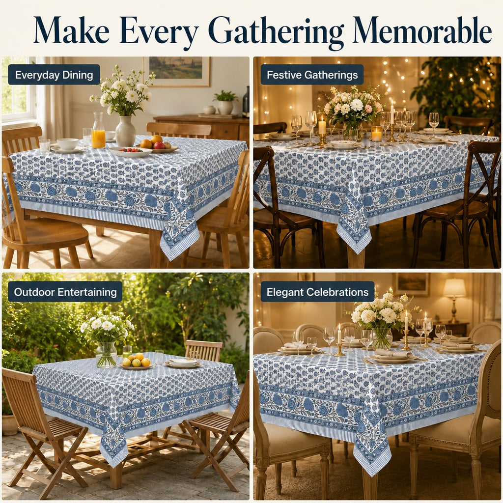 Cotton Rectangular Fall Tablecloth, Handblock Floral Linen Table Cloth Dining Table I Parties Weddings Outdoors