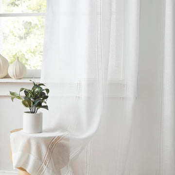 White Bohemian Pinch Pleated Semi Sheer Curtains (Set of 2 Panels) 63 Inch Long