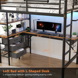 Twin Loft Bed with L-Shaped Desk, LED Lights,Charging Station