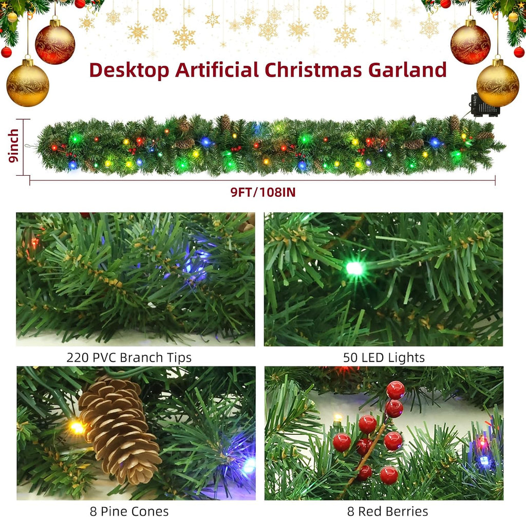9FT Prelit Christmas Garland - Holiday Garland with 50 Multicolor LED Lights, 8 Pine Cones & 8 Red Berries, Battery