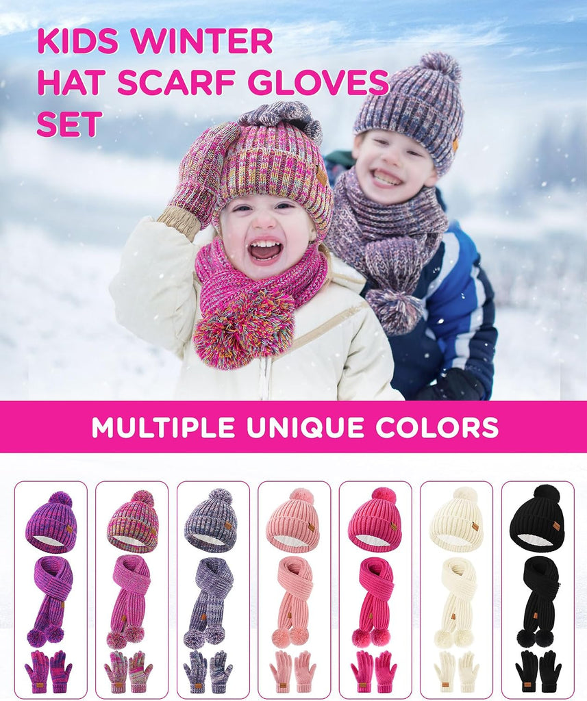 Kids Winter Hat Scarf Gloves Set - Girls Boys Fleece Lined Beanie Hat with Pom Knit Scarf Warm Mittens for Children
