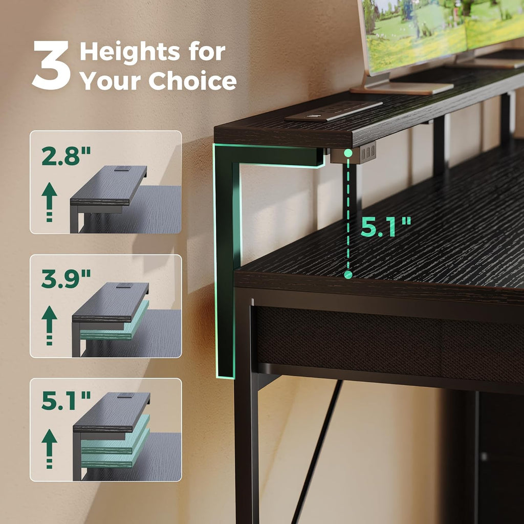 Gaming Desk with 6 Drawers, Computer Desk with LED Lights Power Outlets and Type-C, 47 Inch Office Desk with Storage