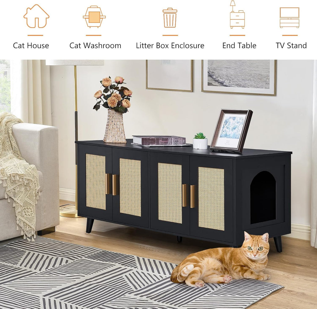 Boho Cat Litter Box Enclosure for 2 Cats, Black and Natural