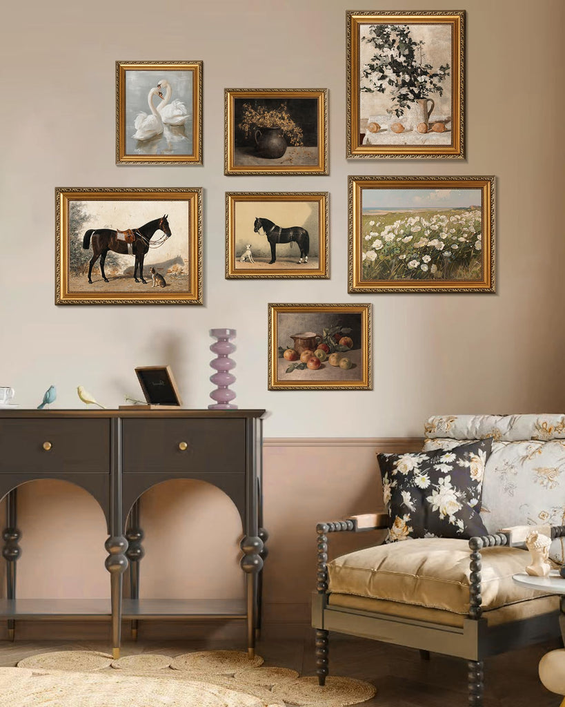 Retro Gold Framed Wall Art Decor, Detachable Gold Framed Rustic Farmhouse Wall Decor Horse Canvas Artwork, Classical