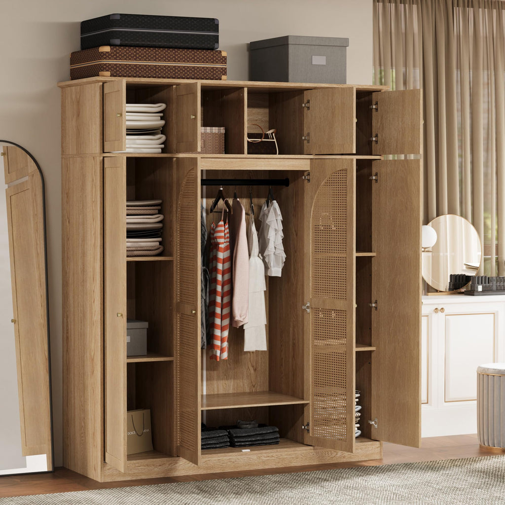 4 Doors Large Armoire Wardrobe Closet with Rattan Doors, 70.87" Tall Freestanding Wooden Closet Wardrobe Cabinet with
