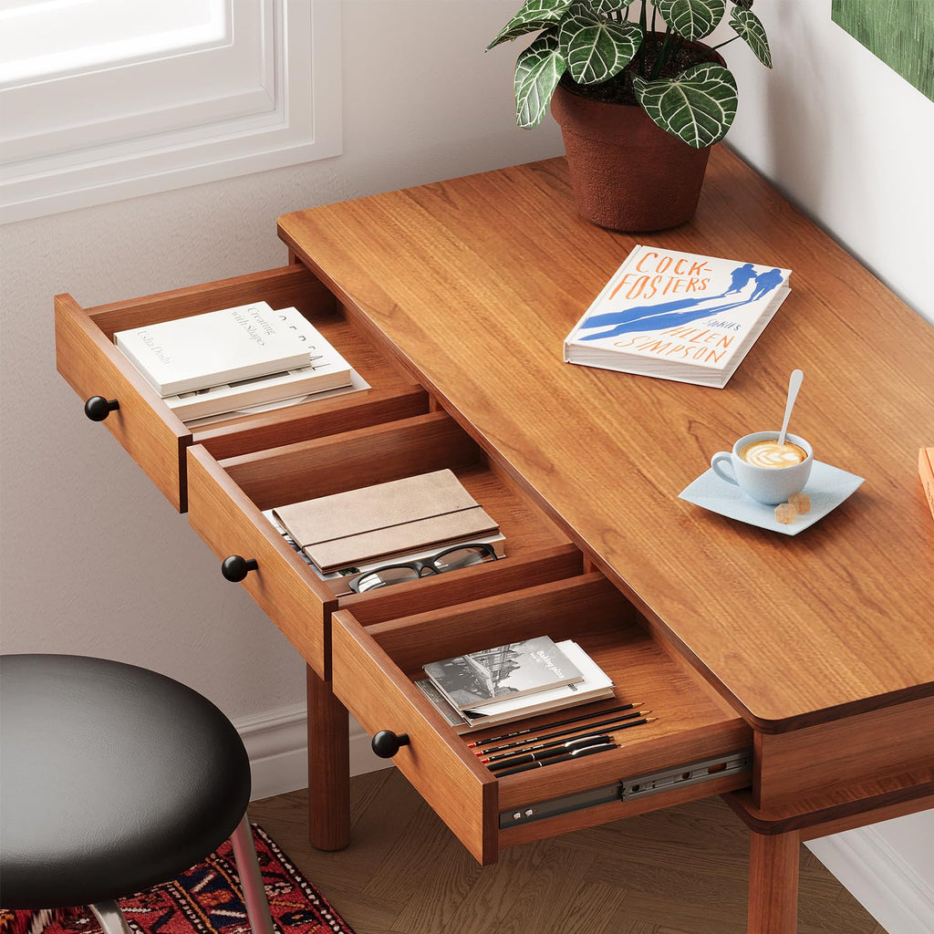 Mid‐Century Wood Writing Desk with 3 Storage Drawers, Solid Wood Legs Home Office Computer Workstation