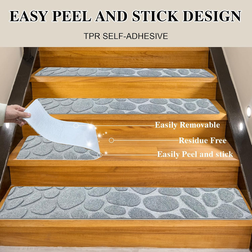 Self Adhesive Residue Free Machine Washable Reusable Stair Treads Non Slip Steps - 100% Polyester Heavyduty TPE