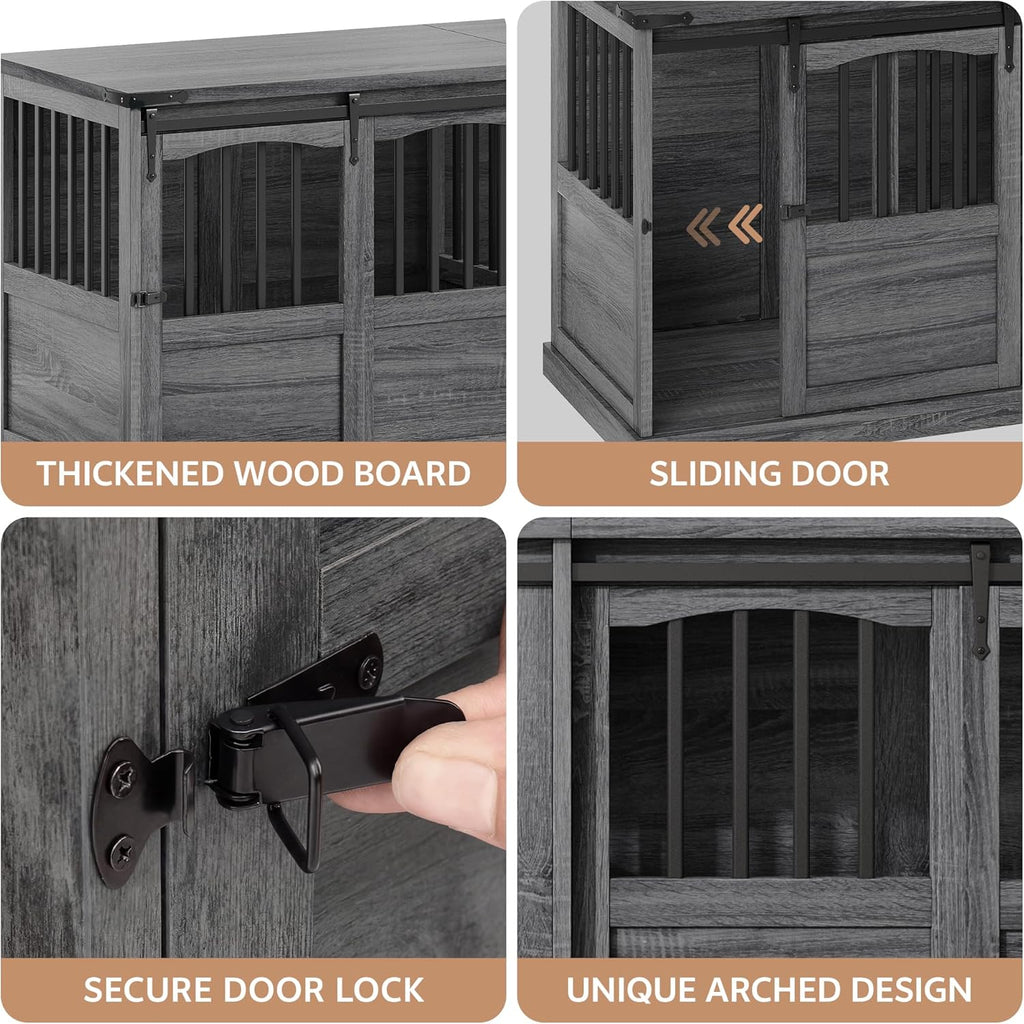 Double Dog Crate Furniture with Barn Sliding Doors Grey