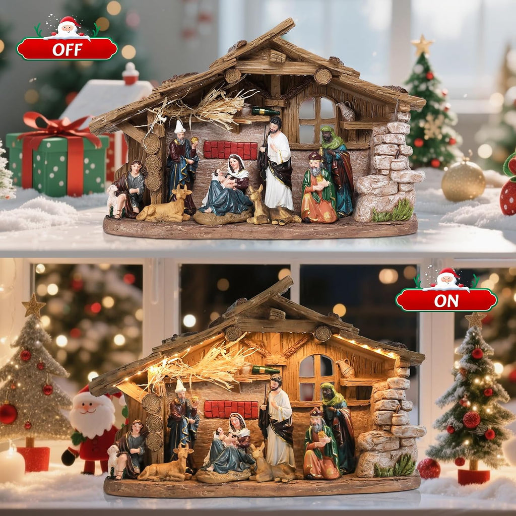 Nativity Scene with Manger, Resin Nativity Sets Figurine with LED Light and Music, 15.6 Inch Holy Family Lighted