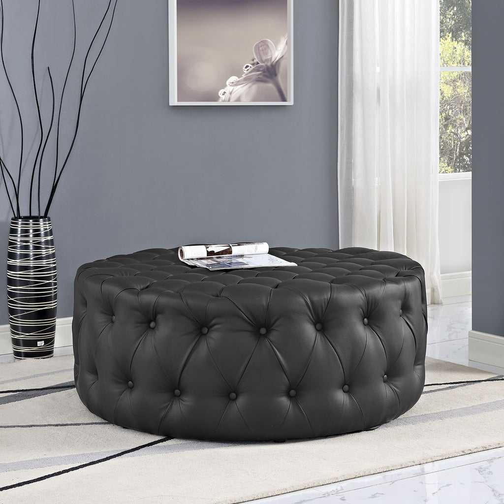 Amour Faux Leather Button-Tufted Round Ottoman in Black