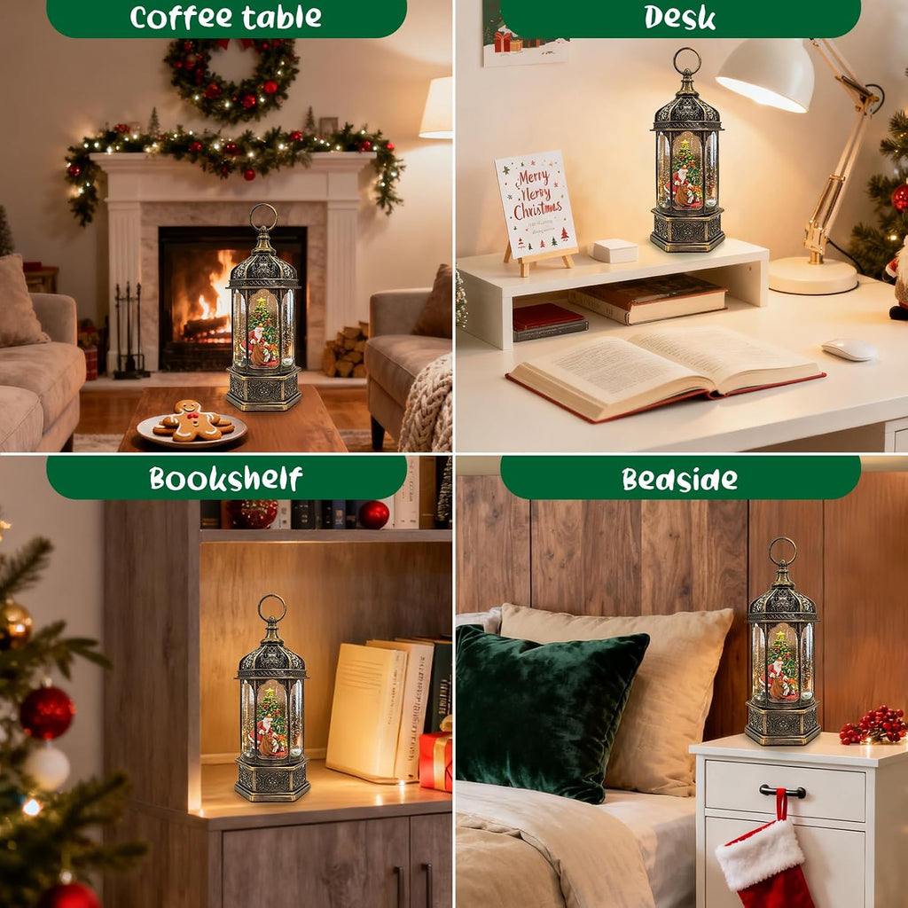 Christmas Snow Globe Lantern, Santa Claus Gift Piles Light Up Musical Snow Globes with 6H Timer, 3 AA Battery & USB