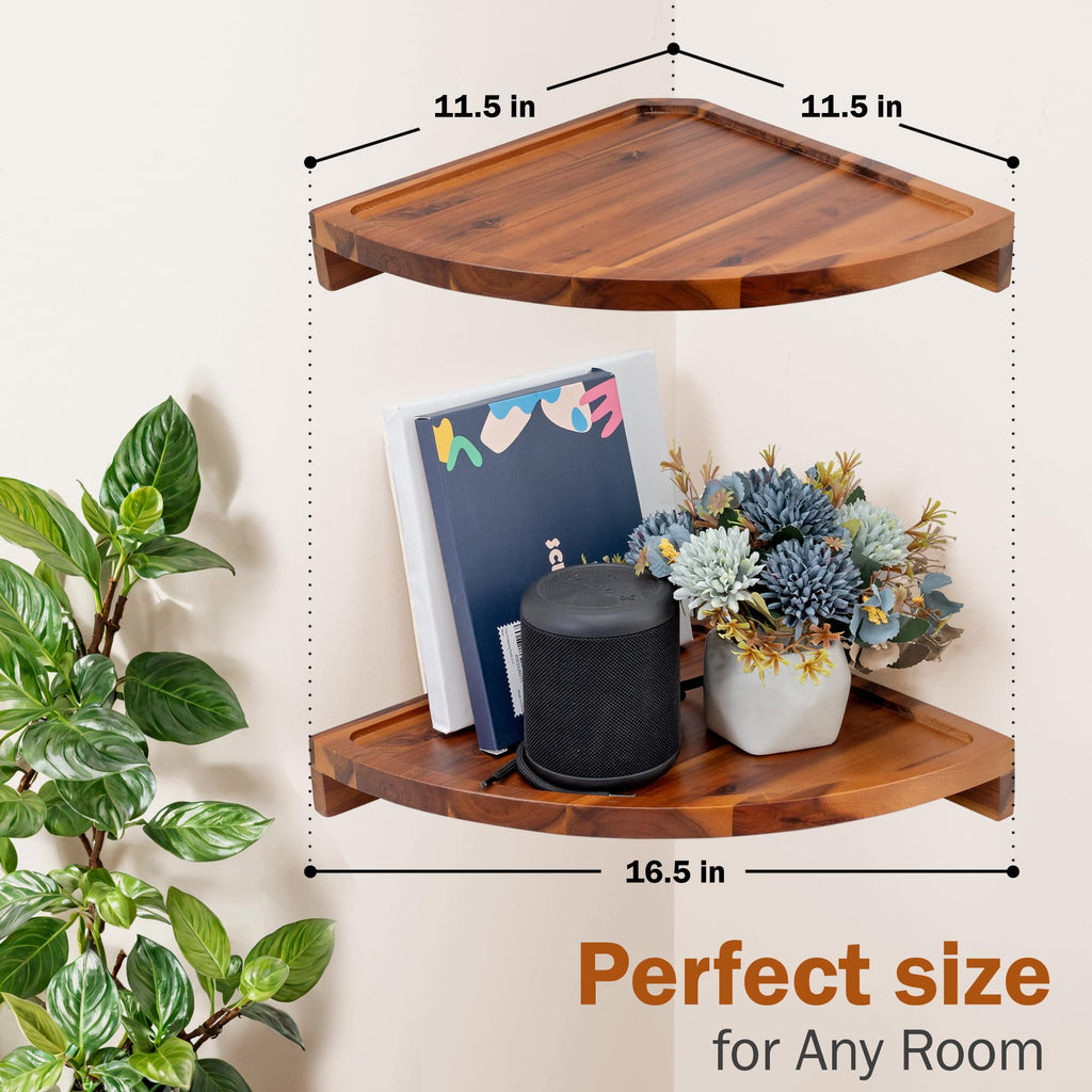 Round Floating Corner Shelves, Natural Acacia Wall Shelf, Set of 2
