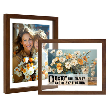 8x10 Floating Photo Picture Frame, Floating Display 6x8, 5x7, or Full Display 8x10 Photos, Solid Wood, Double Glass, 2