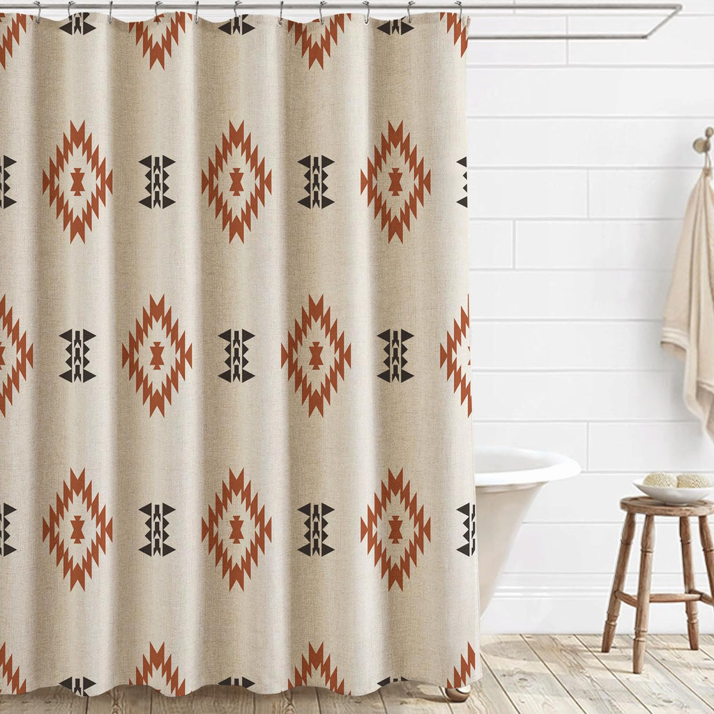 Southwest Linen Shower Curtain Aztec Geometric Stripes Fabric Shower Curtain Set with Hooks, Boho Western Shower