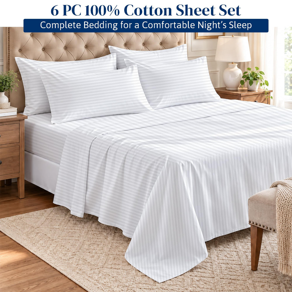 Extra Deep Pocket 6 Piece Queen Sheet Set, Hotel Luxury Collection, 100% Egyptian Cotton, 21" Deep Fitted Sheet